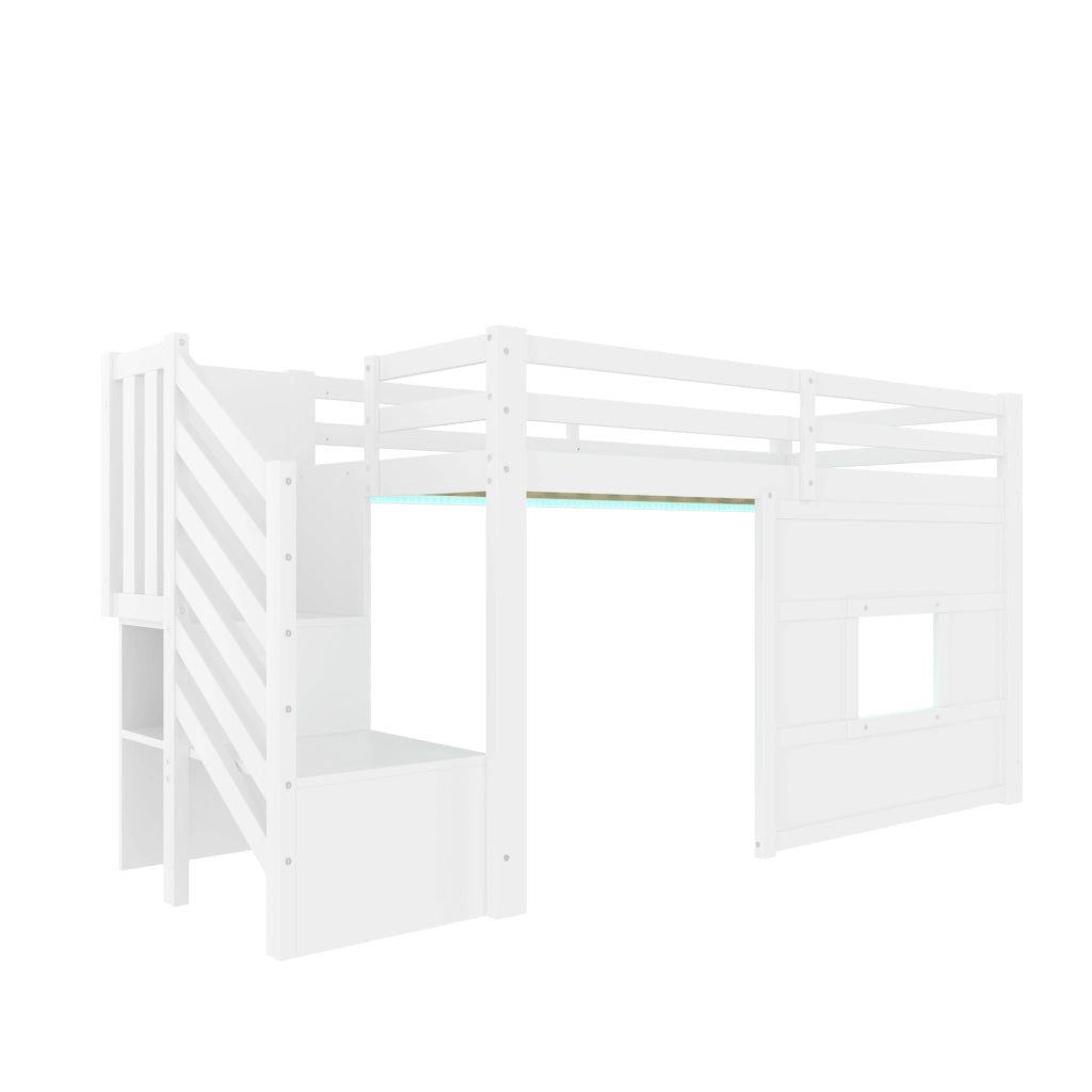 Letto a soppalco 90x200 cm bianco con scala contenitore e finestra