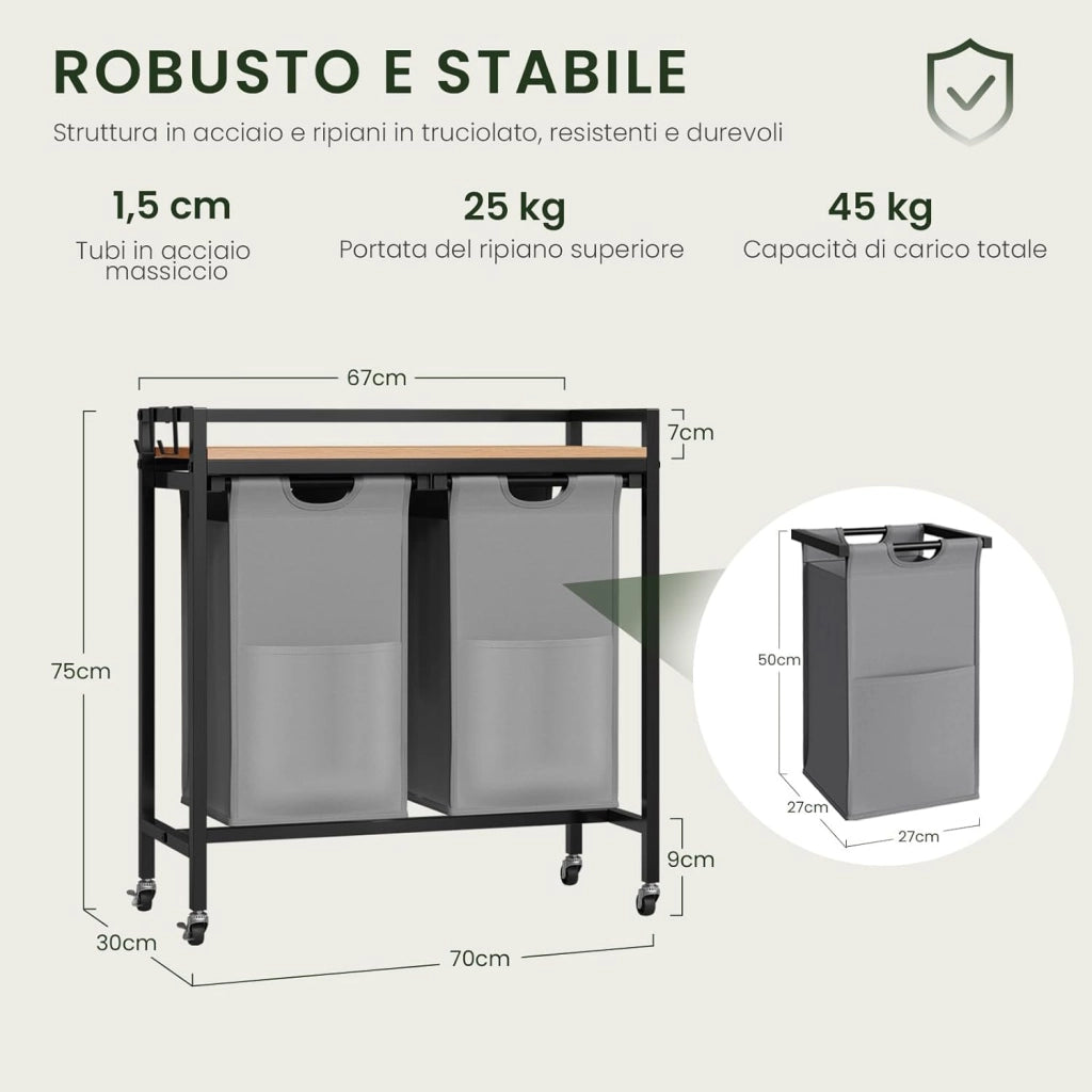 Cesto Portabiancheria, 2 Sacchi in Tessuto Oxford Rimovibili, Porta Biancheria, Struttura in Metallo, per Bagno e Lavanderia, 70x30x71cm, Capacità 40L per Cesto