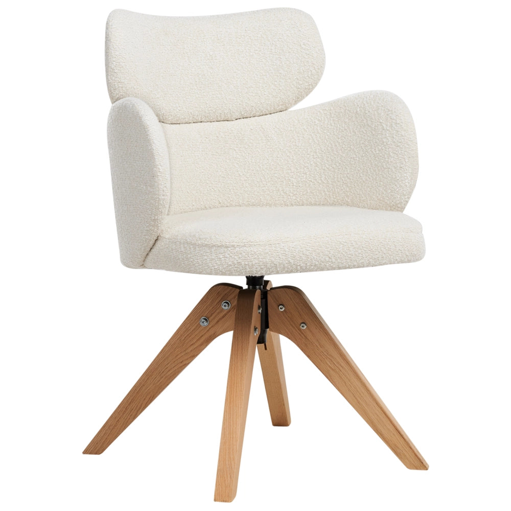Sedia da pranzo girevole con schienale curvo in boucle beige chiaro stile scandinavo