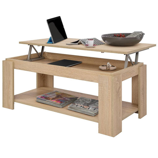 Tavolino Soggiorno con Rialzo Contenitore Tavolo Salotto Moderno Apribile Beige