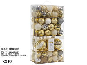 BOX DA 80 SFERE NATALIZIE E ACCESSORI VARIE DIMENSIONI E COLORI COLORE: ORO/BIANCO