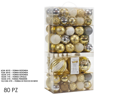 BOX DA 80 SFERE NATALIZIE E ACCESSORI VARIE DIMENSIONI E COLORI COLORE: ORO/BIANCO