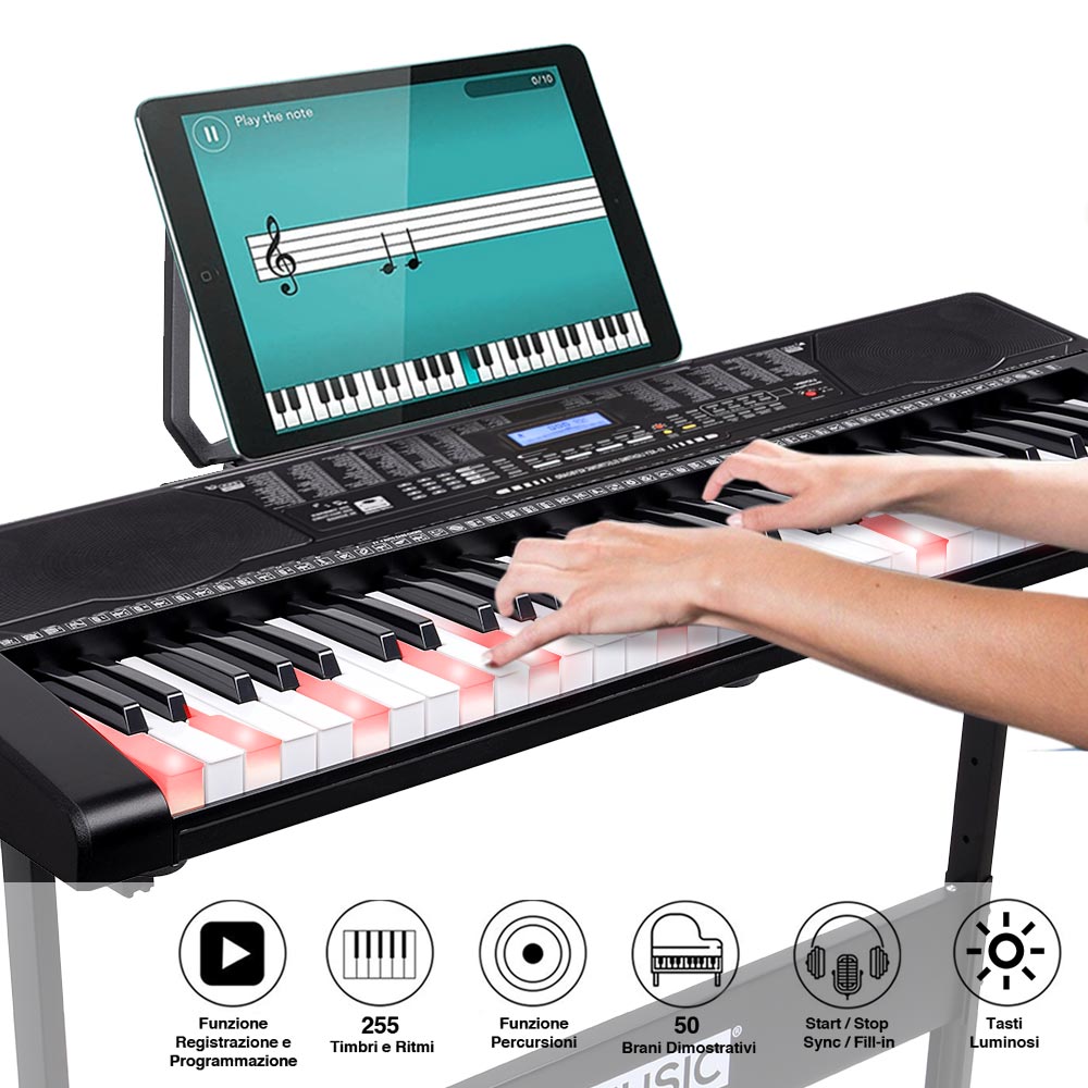 Tastiera Musicale Pianola Elettronica 61 Tasti Luminosi con Supporto e Sgabello