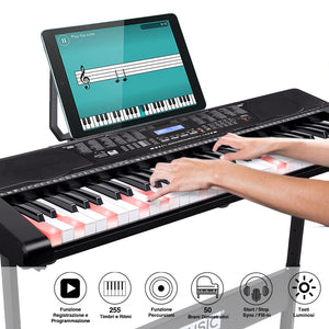 Tastiera Musicale Pianola Elettronica 61 Tasti Luminosi con Supporto e Sgabello