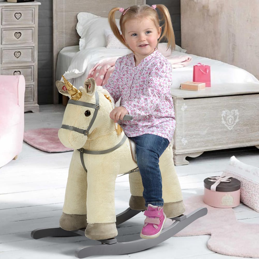 Unicorno a Dondolo Cavalcabile Peluche Cavallo Giocattolo Bambini Suoni Beige