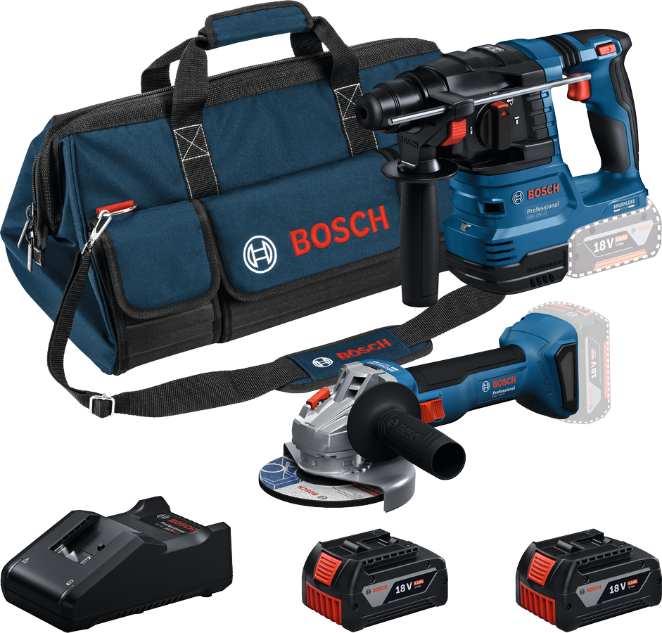 Bosch Kit 18V GBH 18V-22 + GWS 18V-8 + 2 Batterie 4 Ah + GAL 18V-40 + Borsa