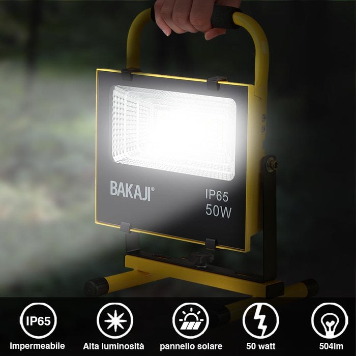 Lampada Faro Lavoro Portatile con Pannello Solare 50W 504lm Luce Emergenza SOS