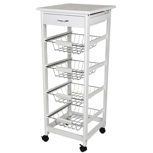 Carrello Cucina legno con Cassetto 4 Cestelli e Ripiano 9 Mattonelle in Ceramica