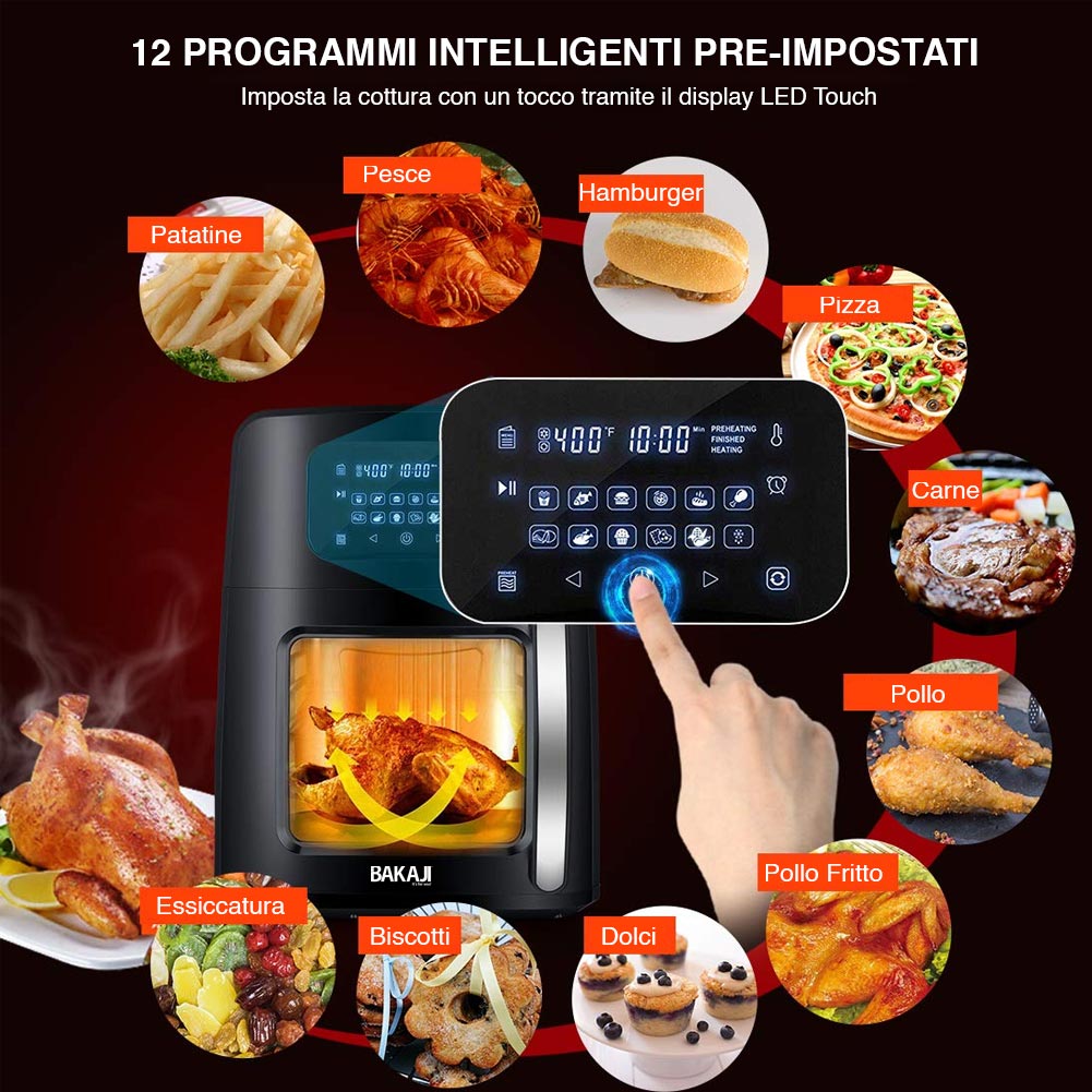 Forno Friggitrice Ad Aria Calda 12 Lt Digitale 1800W Frigge Cuoce Senza Olio