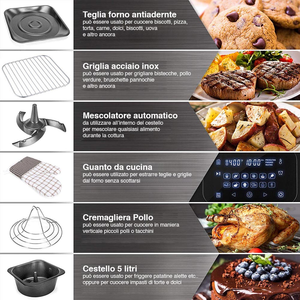 Forno Friggitrice Ad Aria Calda 12 Lt Digitale 1800W Frigge Cuoce Senza Olio