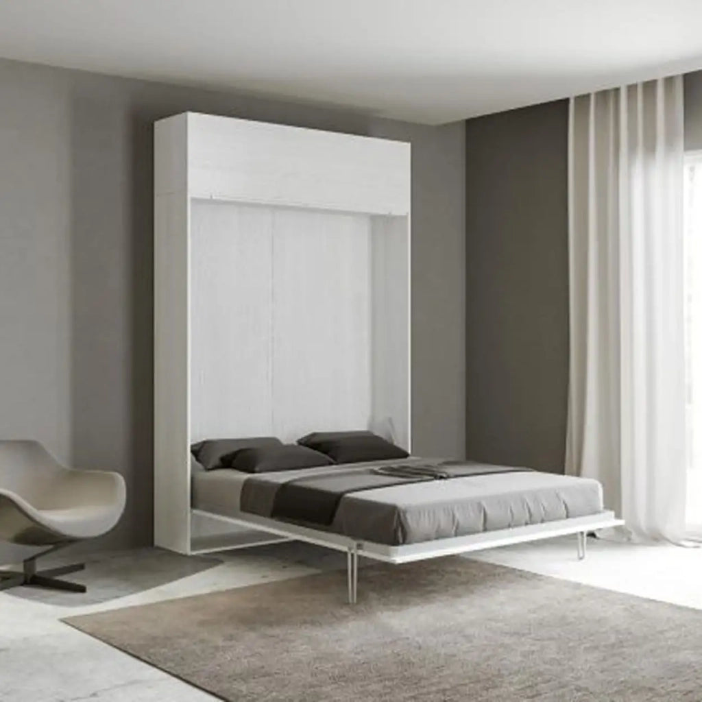 Letto matrimoniale a scomparsa 160 Kentaro con pensile bianco frassino
