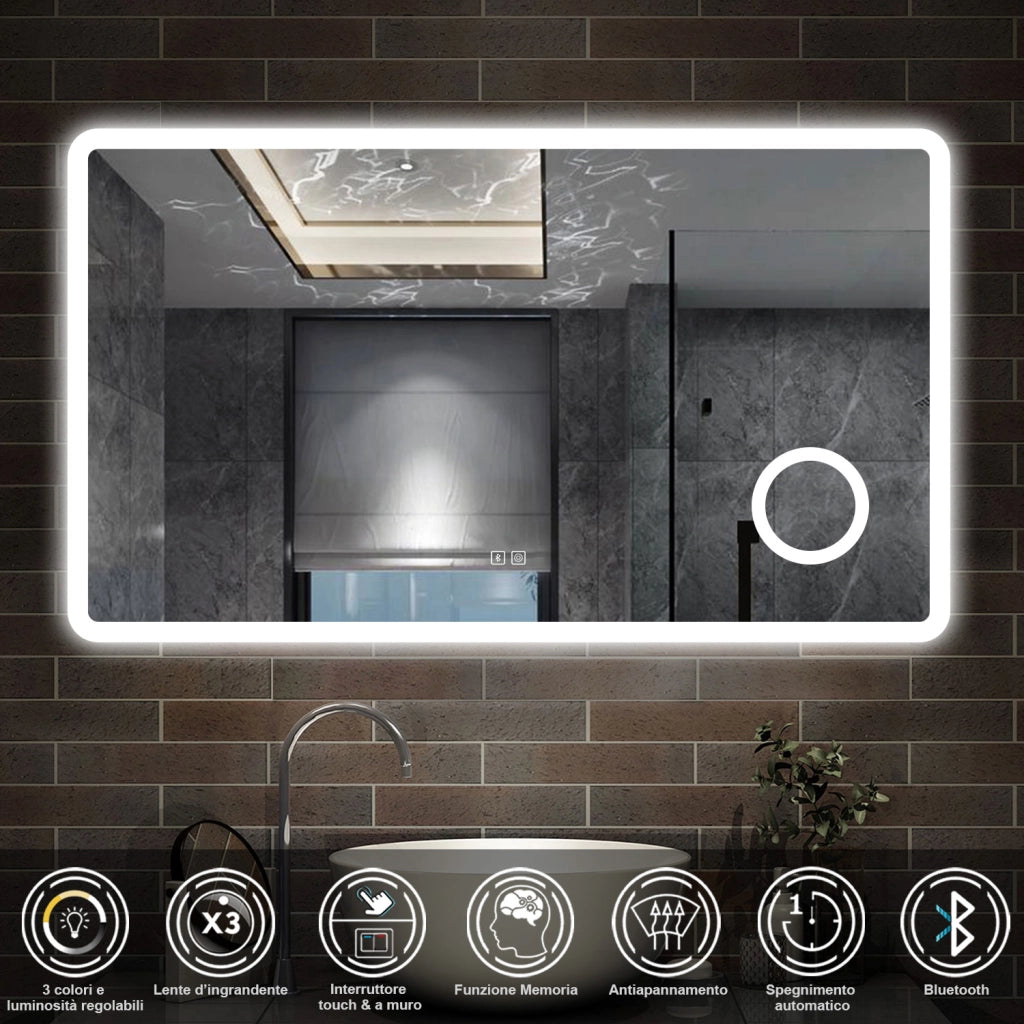 specchio rettangolare 100x60 cm con luce dimmerabile a 3 colori, bluetooth, antiappannamento e ingranditore 3x