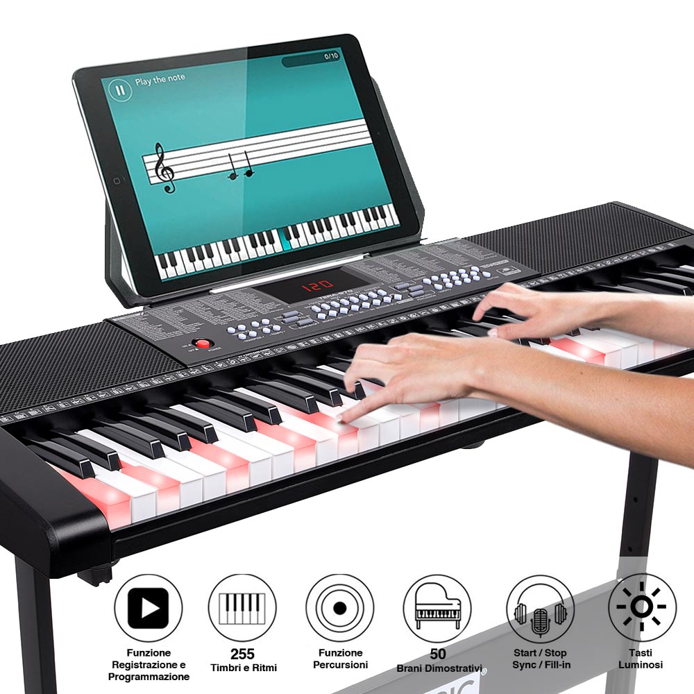 Tastiera Musicale Pianola Elettronica 61 Tasti Luminosi con Supporto e Sgabello