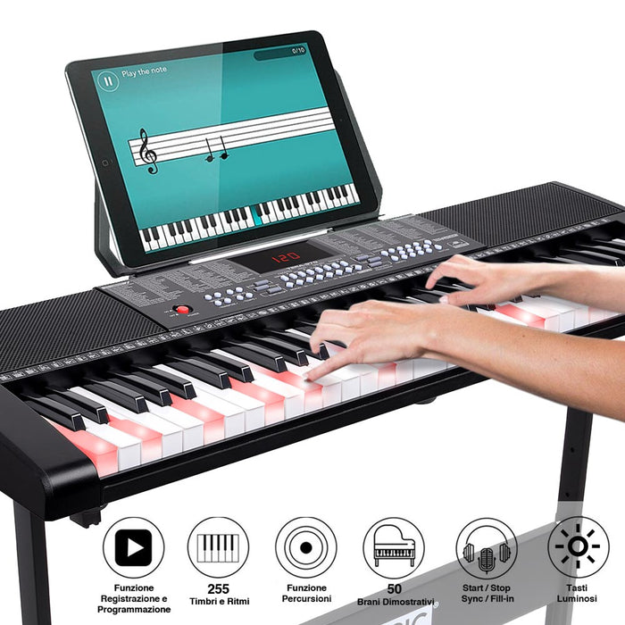 Tastiera Musicale Pianola Elettronica 61 Tasti Luminosi con Supporto e Sgabello