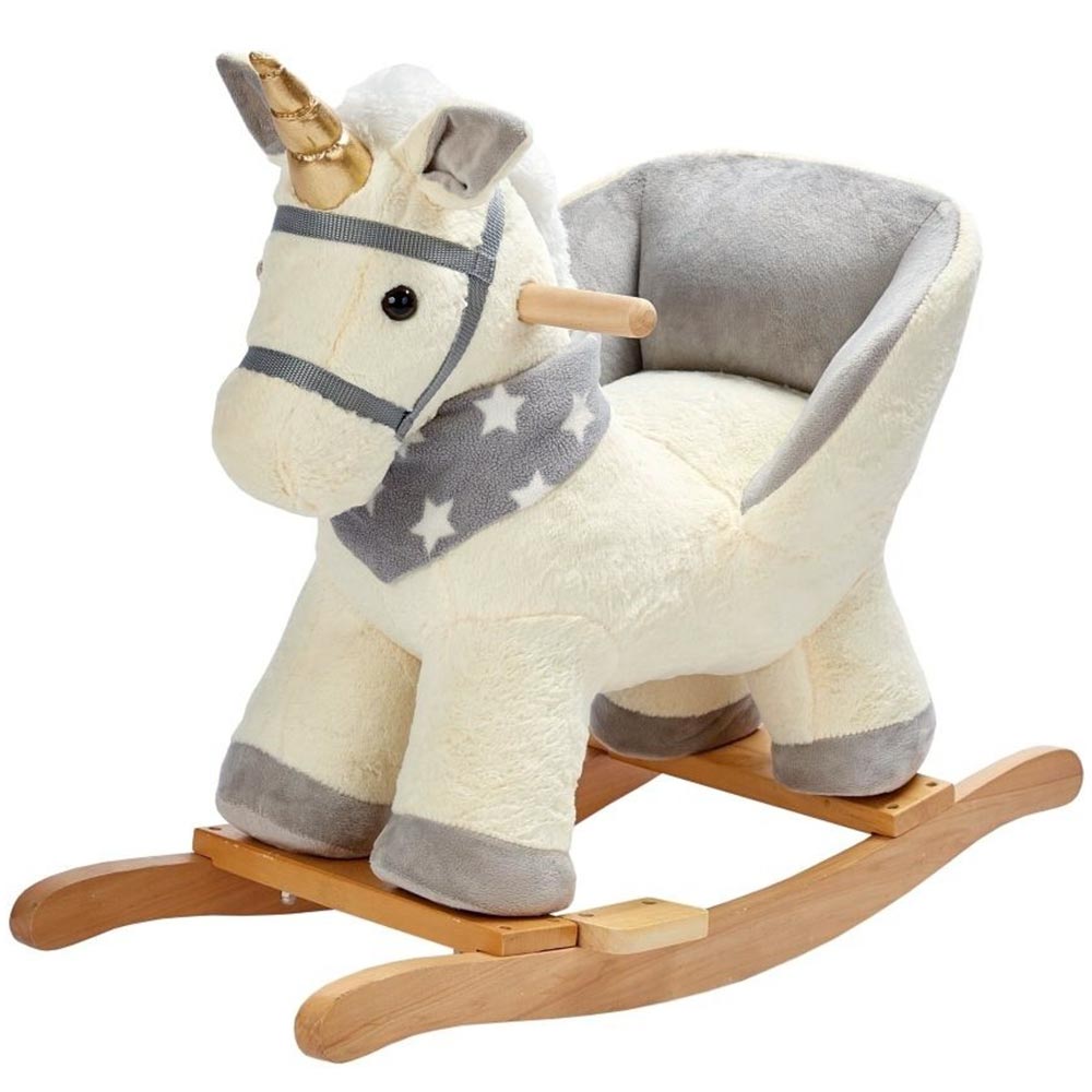 Unicorno Dondolo Cavalluccio Cavalcabile Peluche Bambini con Effetti Sonori Beig