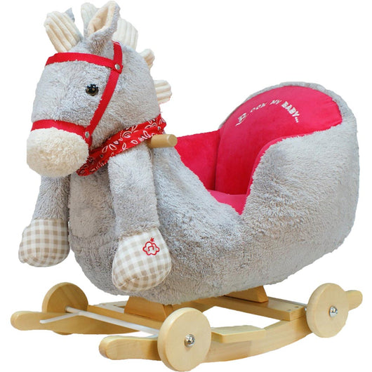 Cavallo a Dondolo in Legno con Ruote e Suoni Poni Cavalluccio Poltroncina Grigio