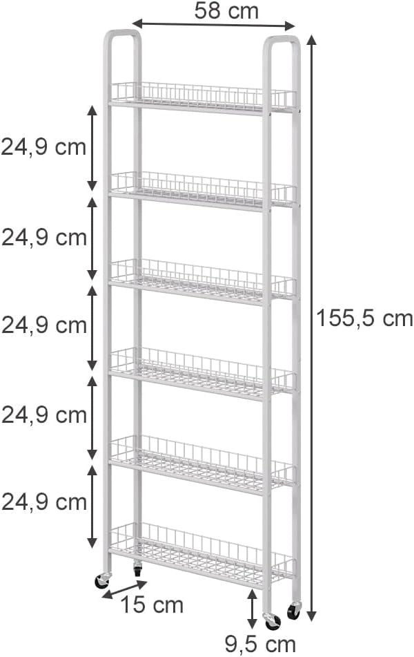 Piedistallo mobile Rolivo, Bianco, 58 x 15 cm con 6 scomparti, posizionabile in modo flessibile su ruote per spazi stretti