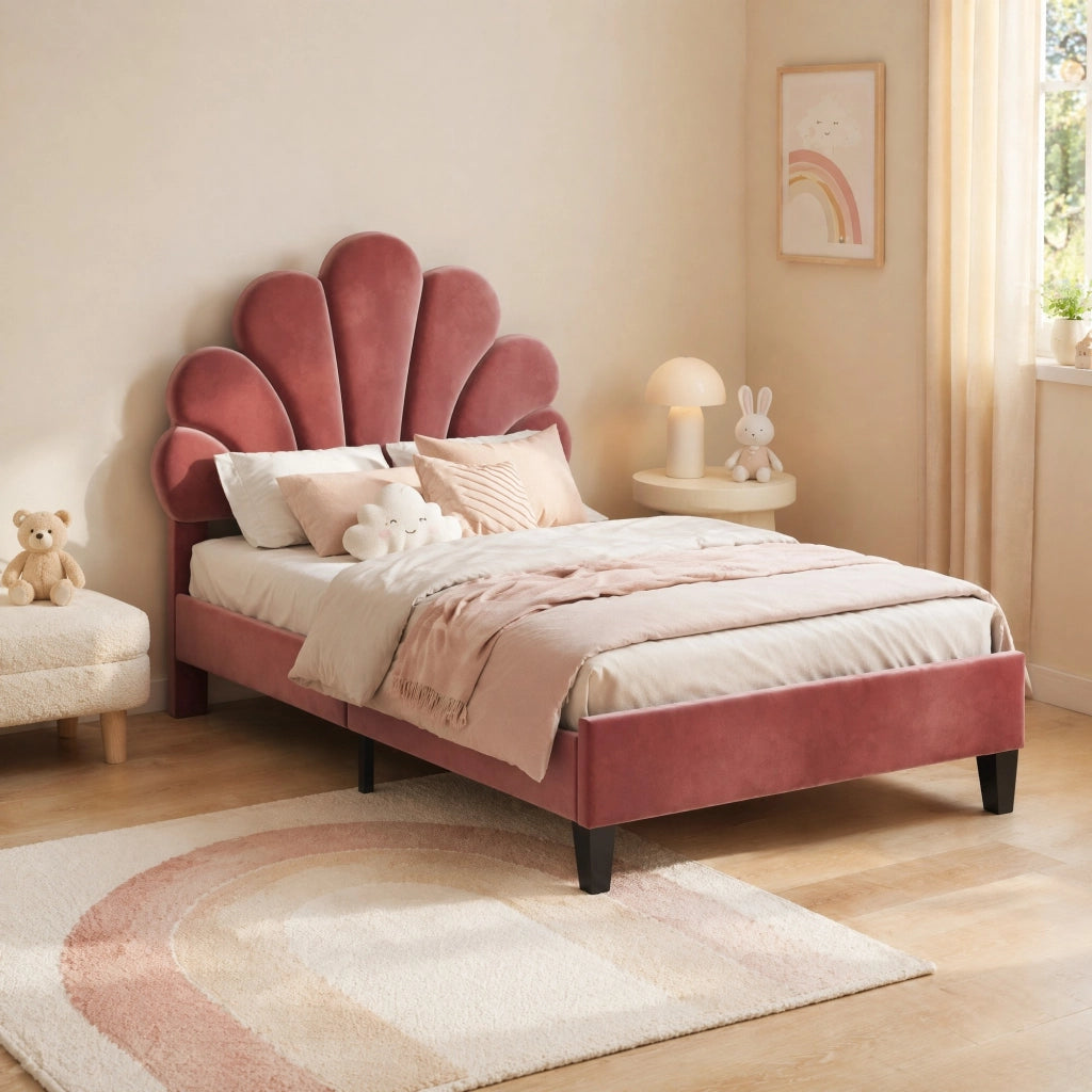 Letto imbottito 90x200 cm con testiera a fiore rosso