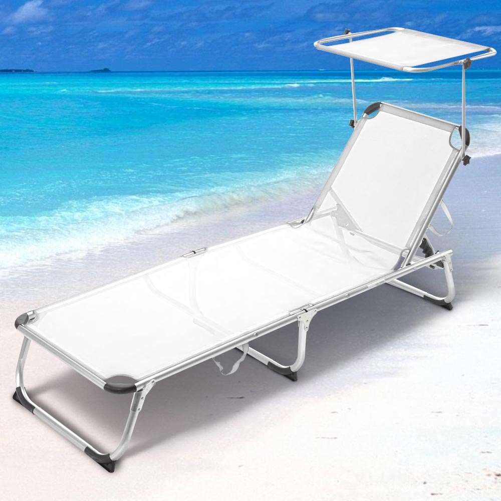 Lettino Prendisole con Tettuccio Parasole Sdraio Mare Bianc Alluminio Pieghevole