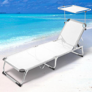 Lettino Prendisole con Tettuccio Parasole Sdraio Mare Bianc Alluminio Pieghevole