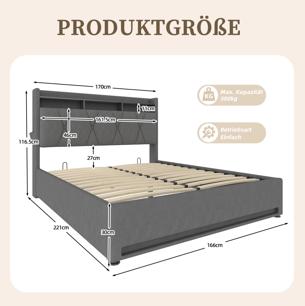 Letto imbottito 160x200 cm con LED, USB-C e vano contenitore