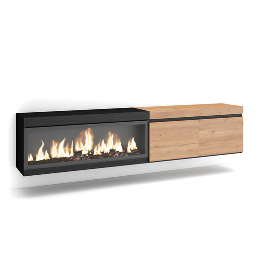 Mobile TV Soggiorno, 208x35x45cm, Per TV fino a 80", Camino elettrico XXL, da appendere, colore Rovere e nero RF3270