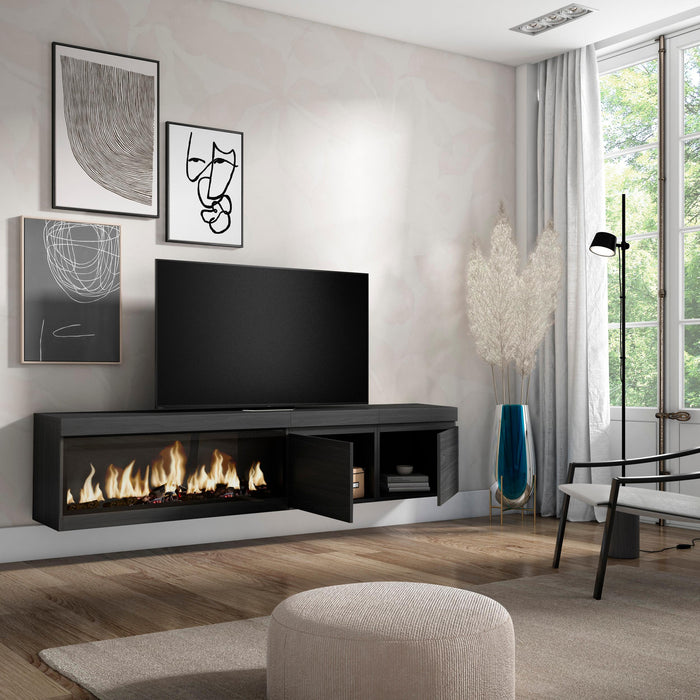 Mobile TV Soggiorno, 208x35x45cm, Per TV fino a 80", Camino elettrico XXL, da appendere, Nero RF3261