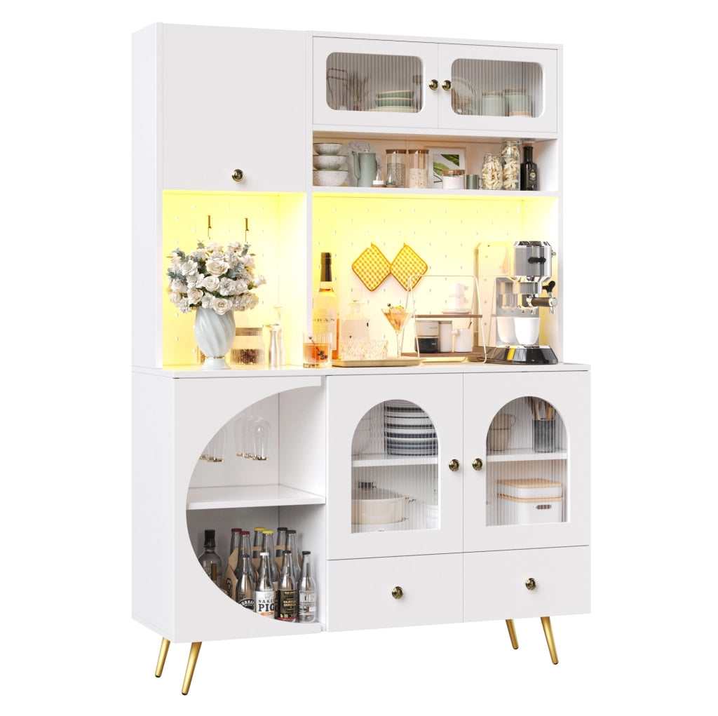Credenza alta 120x40x176 cm con LED; presa integrata e ripiani in MDF; vetro e metallo bianco