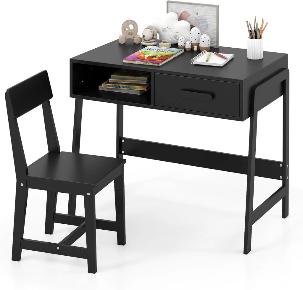 Set Tavolo e Sedia Bambini 3+ Anni, Scrivania e Sedia Legno Sicuro con Cassetto, Scrivania Ergonomica per Studio e Disegno (Nero)