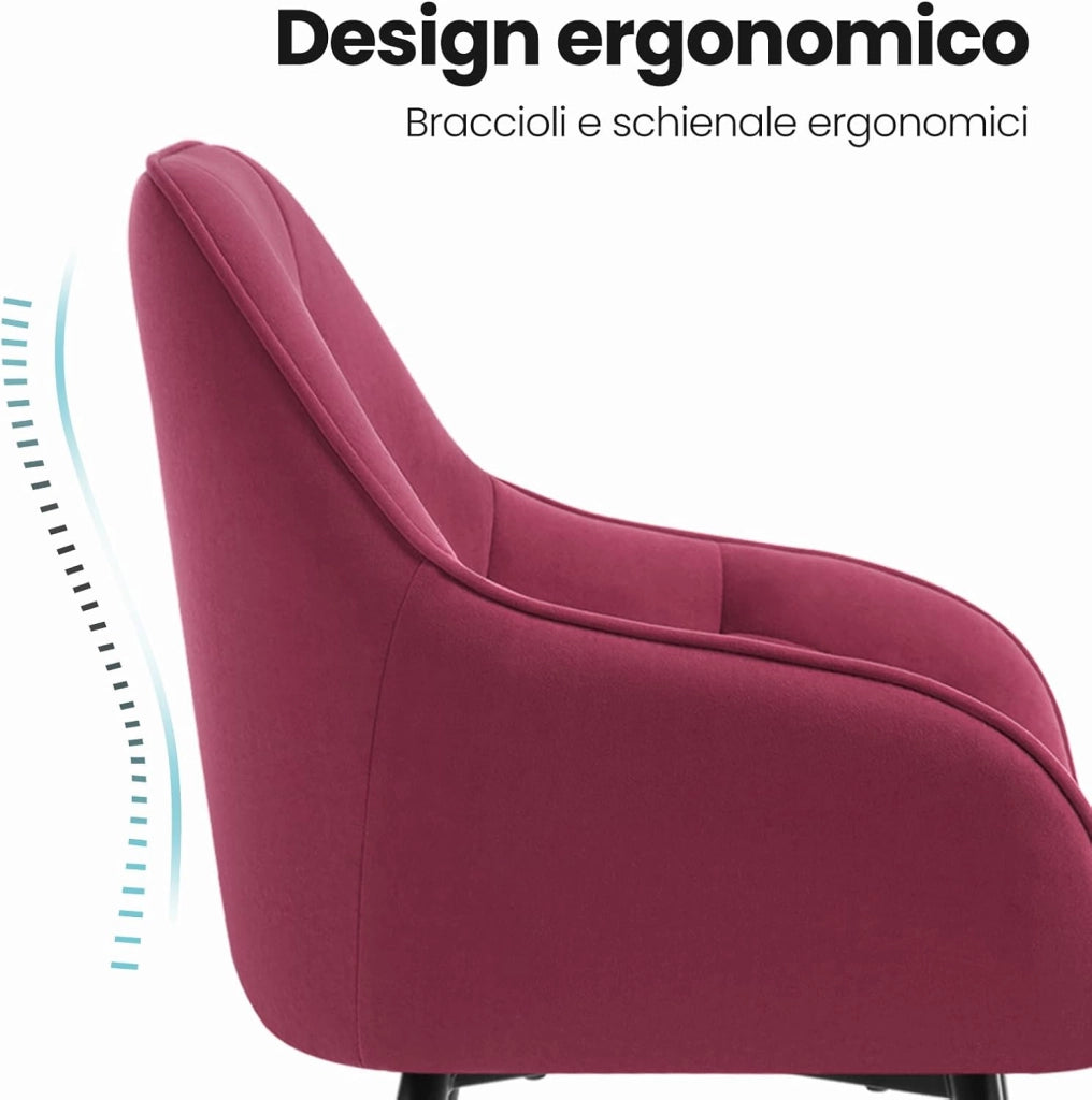 Set di 2 Sedie da Pranzo con Braccioli e Schienale, Sedie Cucina Moderna in Velluto, Poltrone da Salotto con Gambe in Metallo, Sedie ergonomiche per Ufficio, Bar, Bordeaux, EZS02bd-2