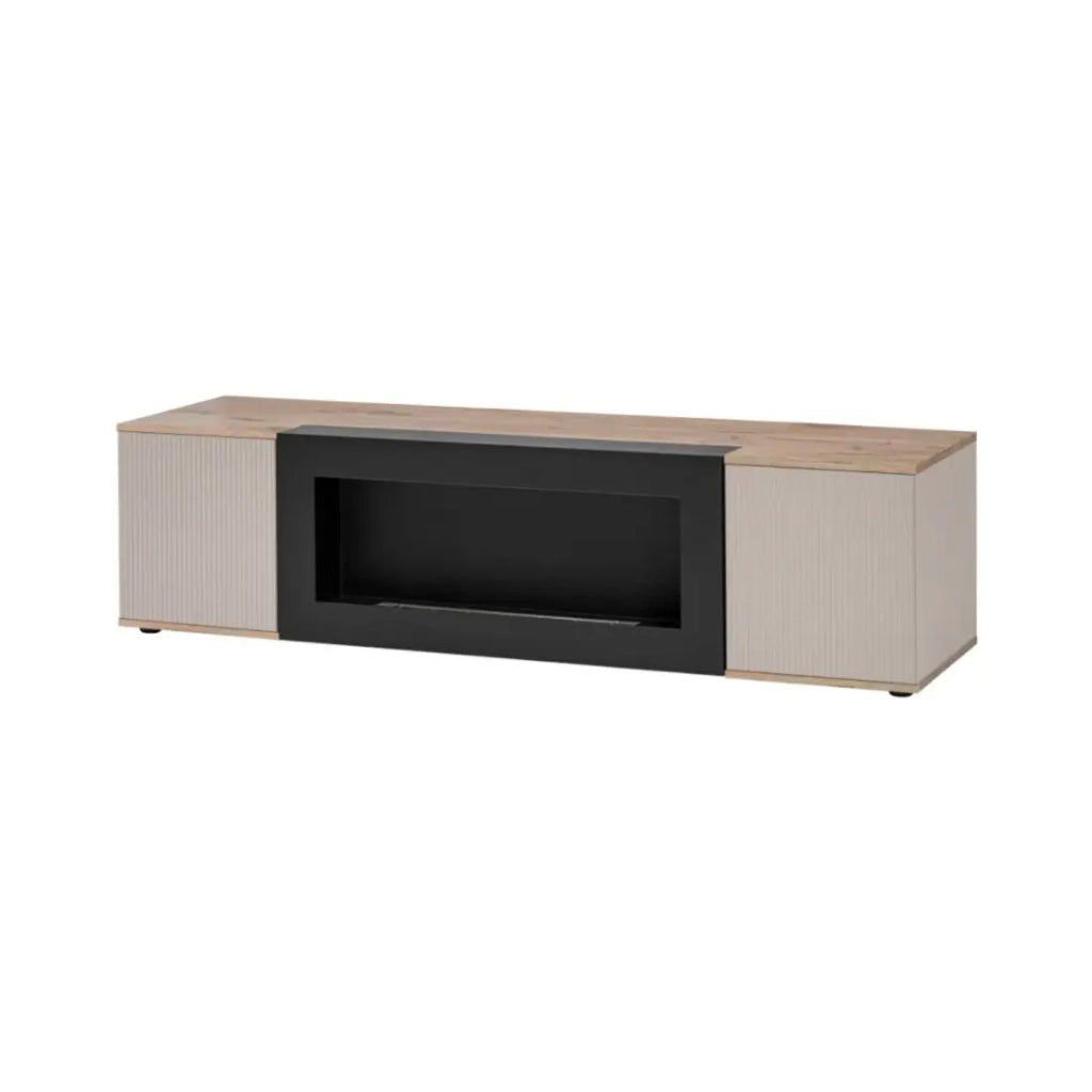 Mobile TV ERINA con camino bio-etanolo integrato – Rovere chiaro e beige – 160 cm