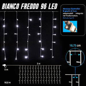 Tenda Luminosa Natalizia 96 LED Luce Bianco Freddo 3 METRI Esterno Luci Cavo 5mt