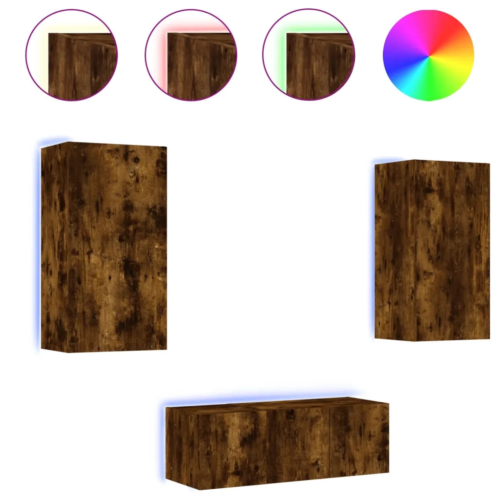 Mobili TV a Muro con LED 4pz Rovere Fumo in Legno Multistratocod mxl 134438