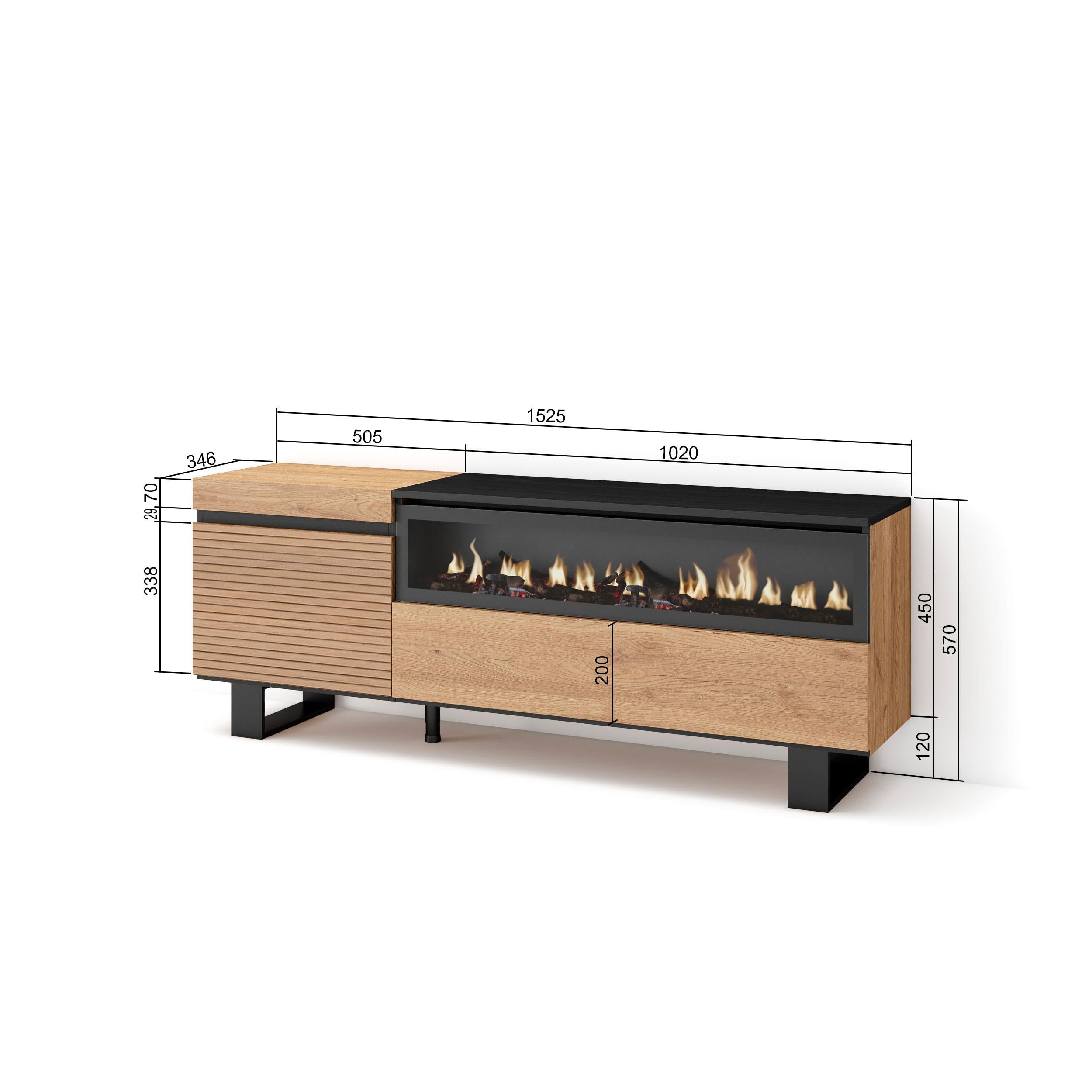 Mobile TV Soggiorno, 150x35x57cm, Per TV fino a 65", Camino elettrico, Design industriale, colore Rovere RF3303