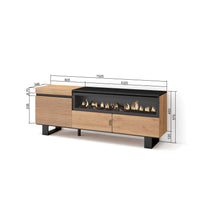 Mobile TV Soggiorno, 150x35x57cm, Per TV fino a 65", Camino elettrico, Design industriale, colore Rovere RF3303