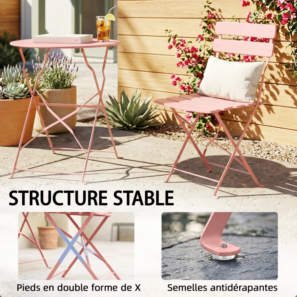Set Bistrot Giardino 3 Pezzi Tavolo e 2 Sedie Pieghevoli ¨C Xylo ¨C Acciaio Antirugine Rosa