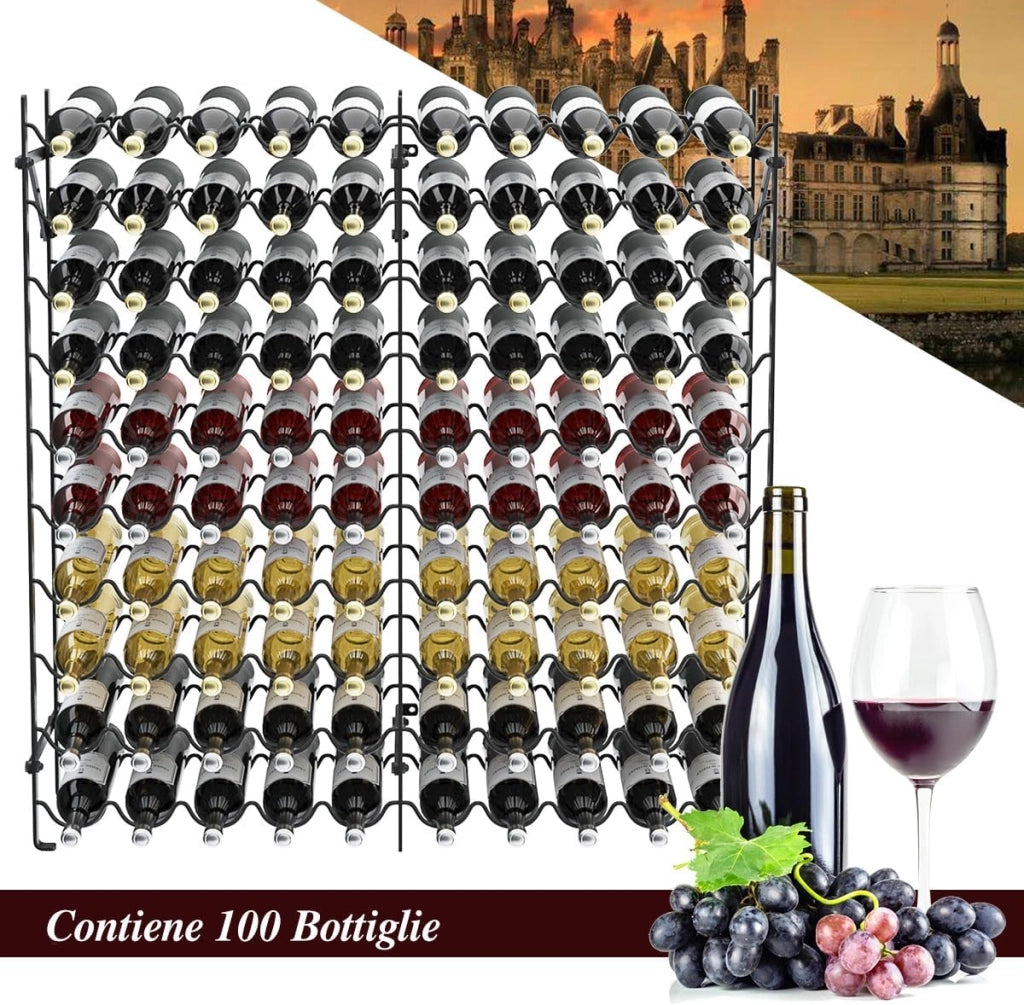 Cantina Portabottiglie in Metallo, Scaffale Espositivo per Vino Stabile Senza Oscillazioni, Porta Vino a 10 Ripiani per 100 Bottiglie, per Bar, Cantina e Sala da Pranzo, 98 x 25,5 x 100 cm