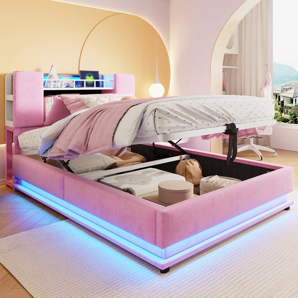 LETTO Polsterbett per bambini 90x200 cm Rosa in velluto con LED, USB e contenitore