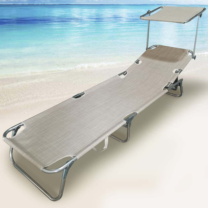 Lettino Prendisole Pieghevole Mare Spiaggia Sdraio con Tettuccio Parasole Beige