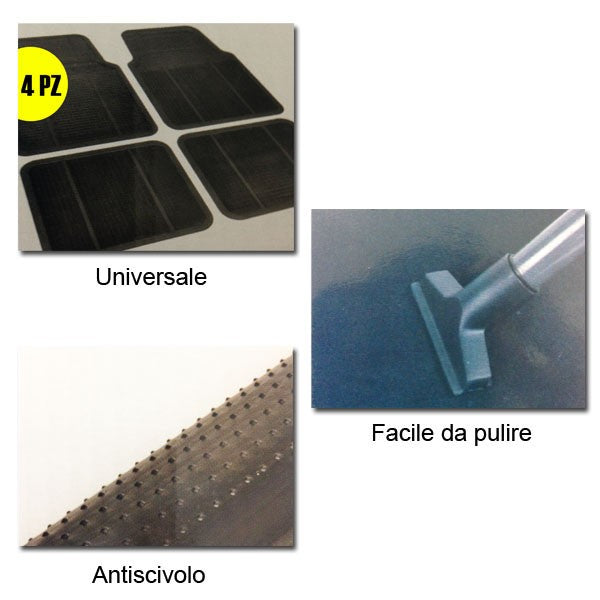 Set 4 Pezzi Tappetini Per Auto Rivestiti Di Moquette E Gomma Antiscivolo Nero