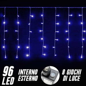 Tenda Luminosa Natalizia 96 LED Luce Blu 3 METRI Interno Esterno Luci Cavo 5mt
