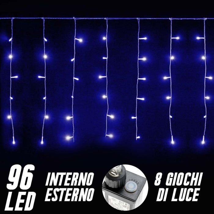Tenda Luminosa Natalizia 96 LED Luce Blu 3 METRI Interno Esterno Luci Cavo 5mt