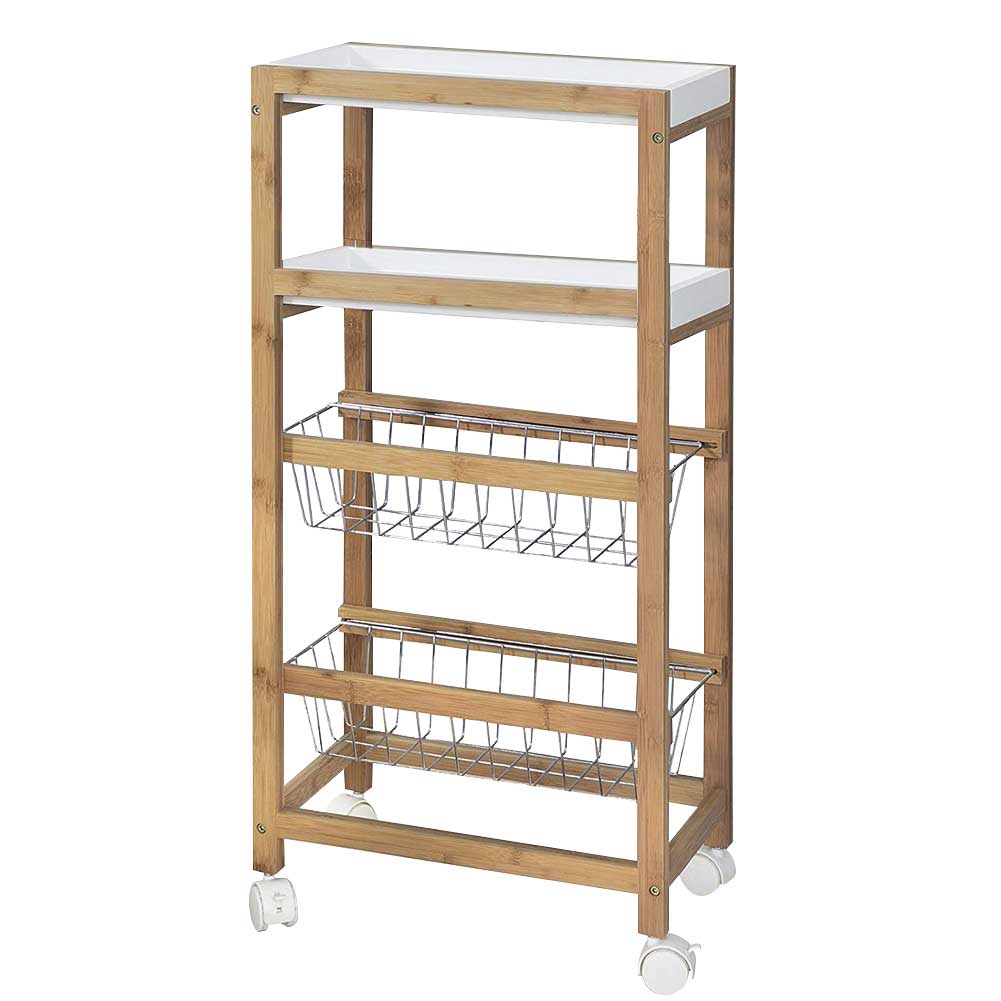 Carrello Cucina Slim Salvaspazio Legno Bambu 4 Ripiani 2 Vassoi 2 Cestelli Ruote