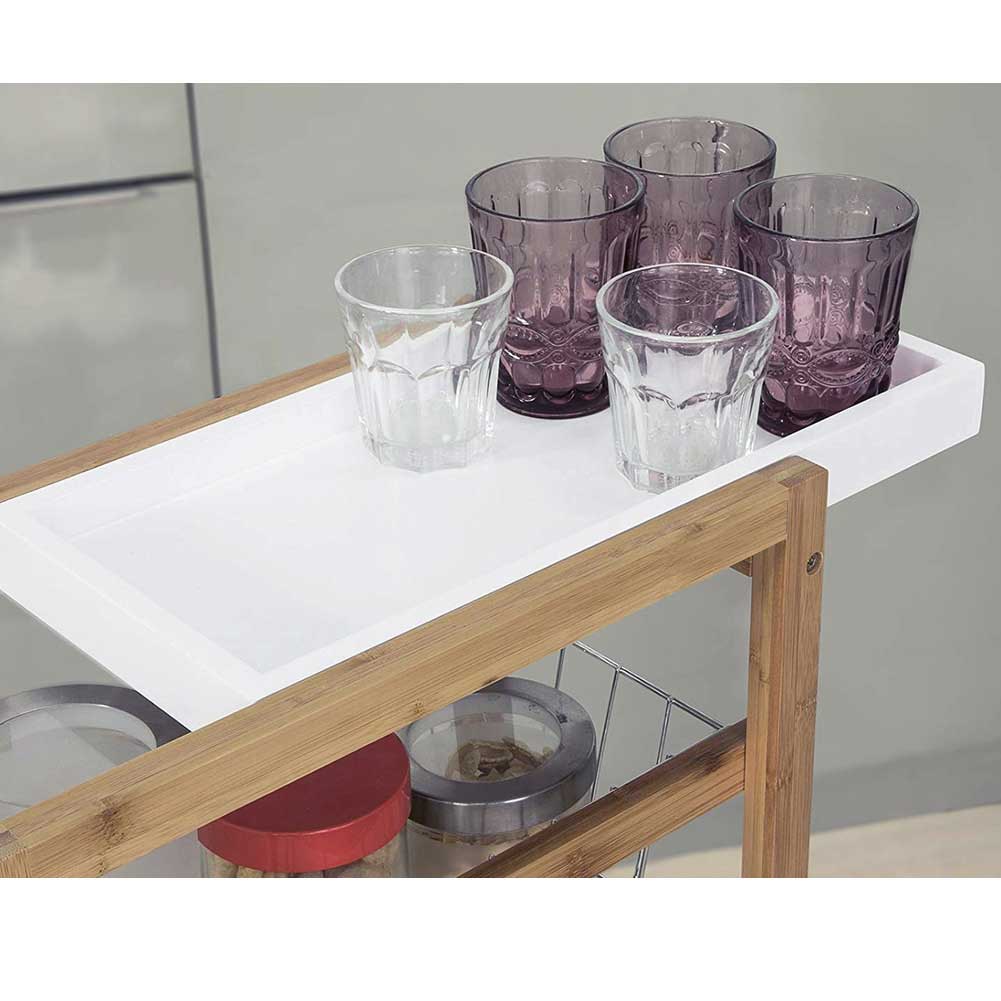 Carrello Cucina Slim Salvaspazio Legno Bambu 4 Ripiani 2 Vassoi 2 Cestelli Ruote