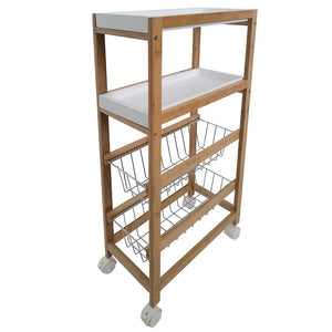 Carrello Cucina Slim Salvaspazio Legno Bambu 4 Ripiani 2 Vassoi 2 Cestelli Ruote