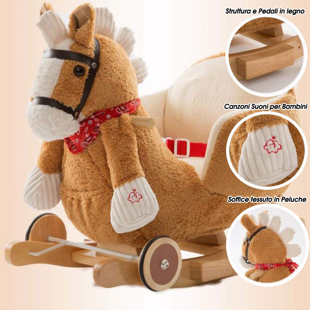 Cavallo a dondolo in legno con ruote Poni Cavalluccio Poltroncina Marrone Chiaro