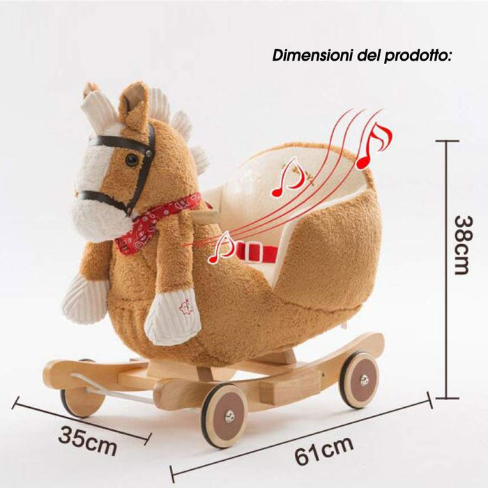 Cavallo a dondolo in legno con ruote Poni Cavalluccio Poltroncina Marrone Chiaro