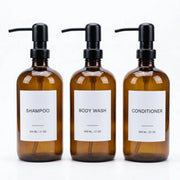 Set di rilascio shampoo da 3 pezzi - Doccia in PET duraturo 600 ml - Pompa in acciaio inossidabile - Cucchiaino - Etichette - Design elegante