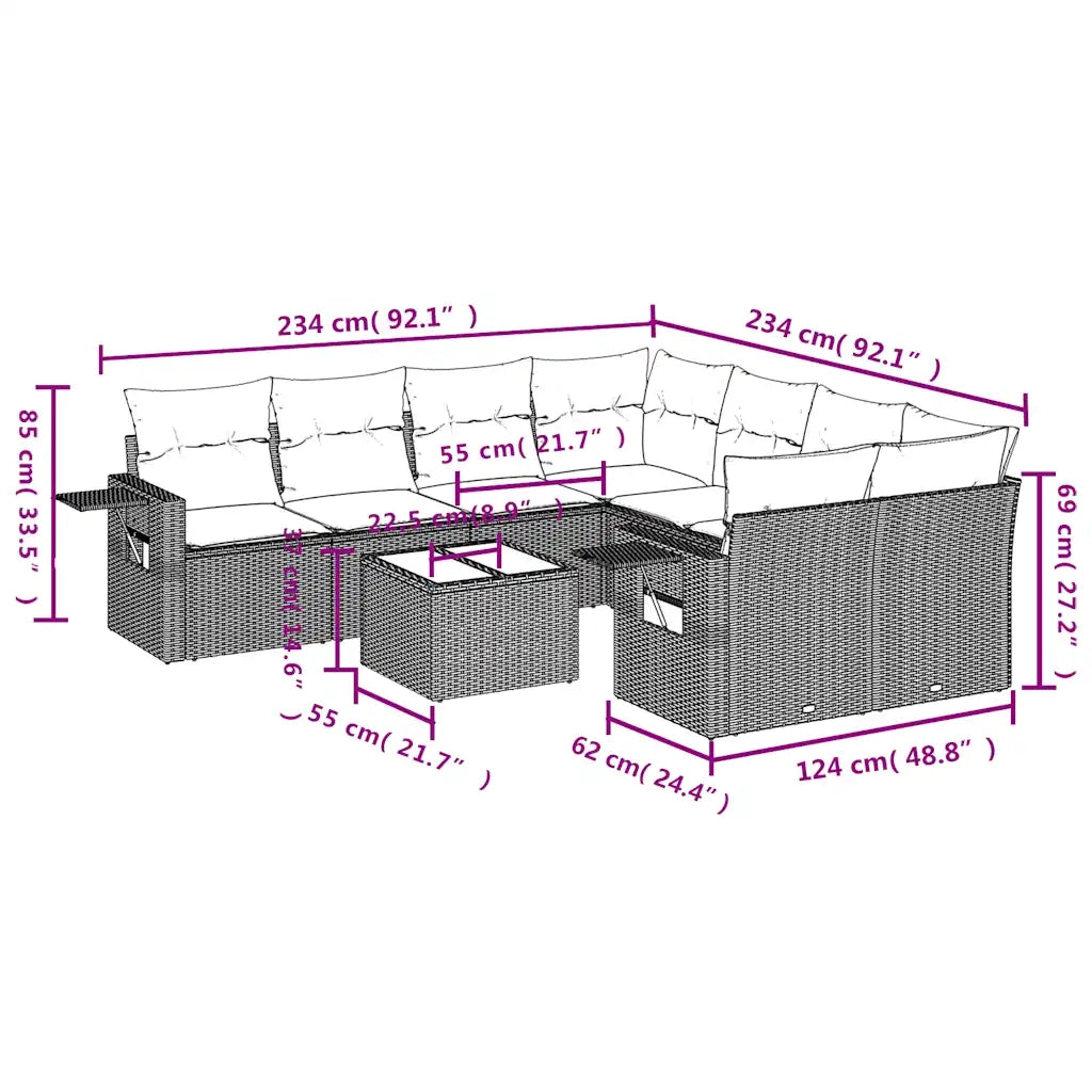Set Divani da Giardino 9 pz con Cuscini Nero in Polyrattan 3252292