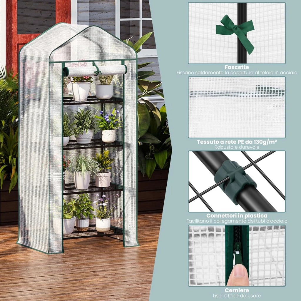 Serra da Giardino, con Ruote, Serra da Balcone, 70x50x162 cm, Copertura in PE 140 g/m², Porta a Zip Avvolgibile, per Svernamento con 3/4 Ripiani, per Interni ed Esterni, Bianco